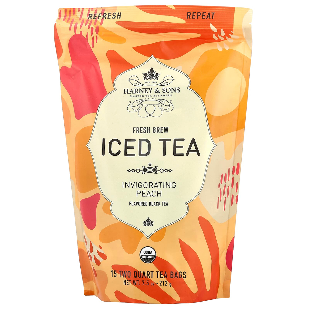 Harney & Sons, свежезаваренный холодный чай, бодрящий персик, 15 чайных пакетиков по 2 кварты, 212 г (7,5 унции)