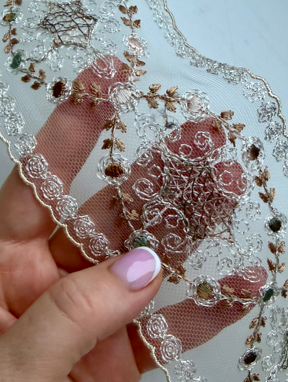 Кружево тонкое на сетке цветное ш-8см Франция. (хлопок/шелк). 1 м