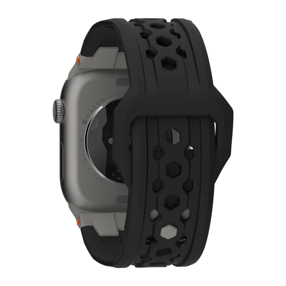 Ремешок из фторэластомера UAG Monarch для Apple Watch 44, 45, 46 мм и Ultra 2–3 Перфорированный ремешок с застёжкой pin-and-tuck из нержавеющей стали. На запястье обхватом 160–195 мм