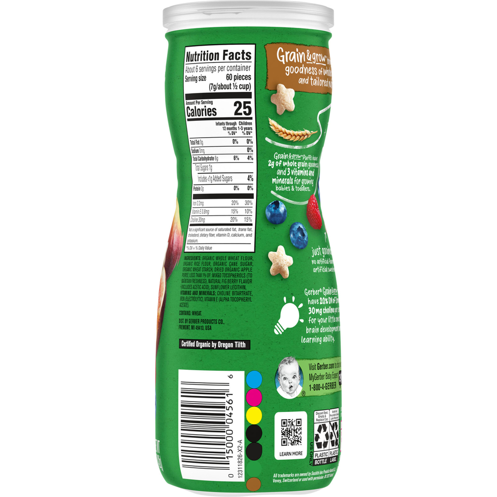 Gerber, Organic for Baby, Grain & Grow, Puffs, снек из воздушных злаков, для детей от 8 месяцев, ягоды инжира, 42 г (1,48 унции)