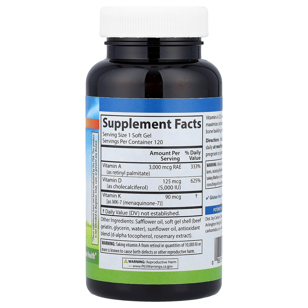 Carlson, витамины A, D3, K2, 120 мягких таблеток