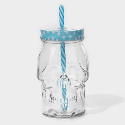 Банка стеклянная с крышкой и трубочкой Доляна «Череп. Хэллоуин», 400 мл, 9×14,5 см, цвет МИКС