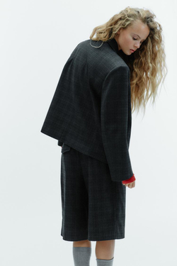 ZARA УКОРОЧЕННЫЙ БЛЕЙЗЕР ОВЕРСАЙЗ В КЛЕТКУ, СЕРЫЙ МЕЛАНЖ