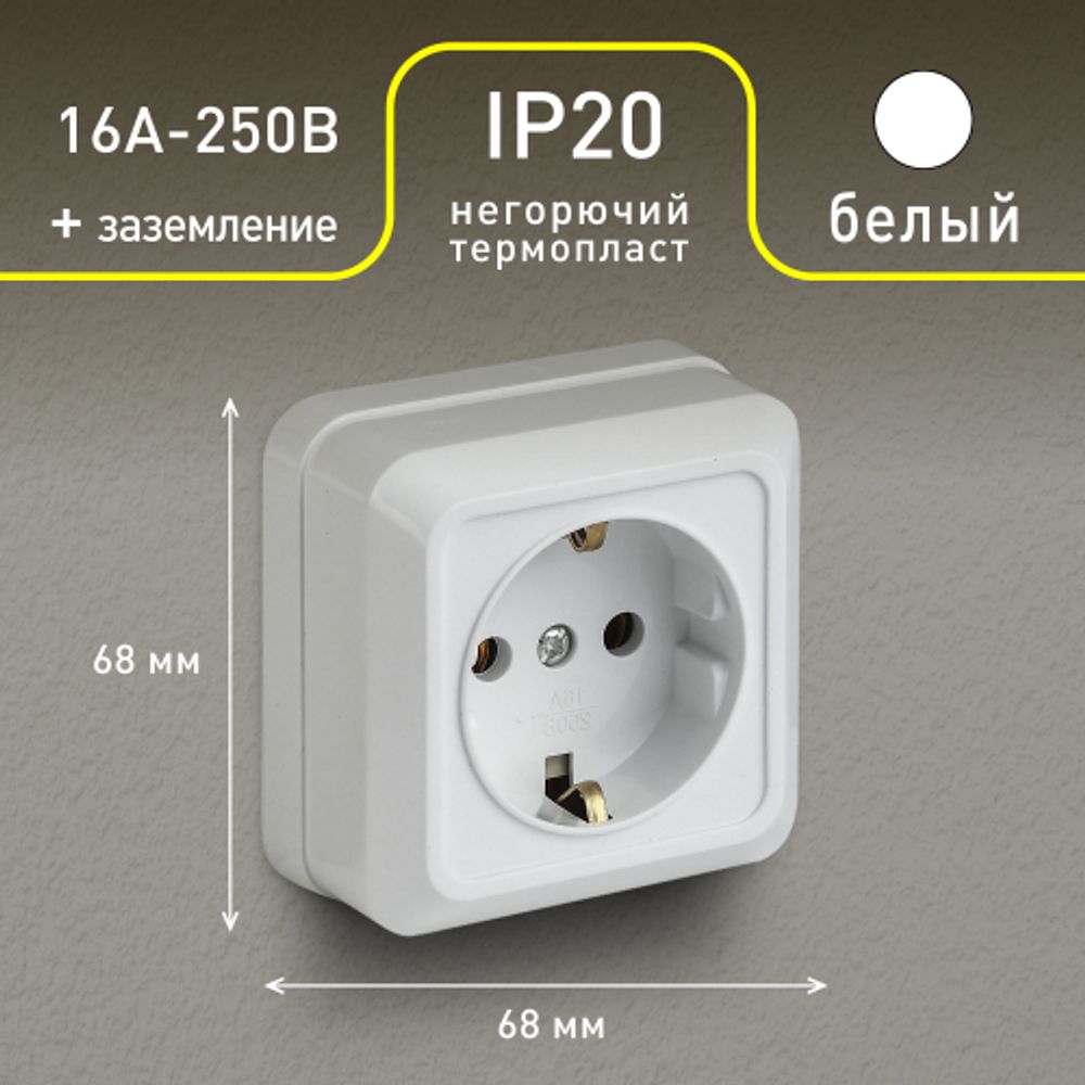 Розетка Intro Quadro 2-202-01 с заземлением 2P+E Schuko, 16А-250В, IP20, ОУ, белый