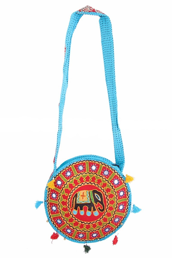 Сумка Этно "Слон" с вышивкой, зеркалами и кисточками, круглая, цвет голубой бордовый