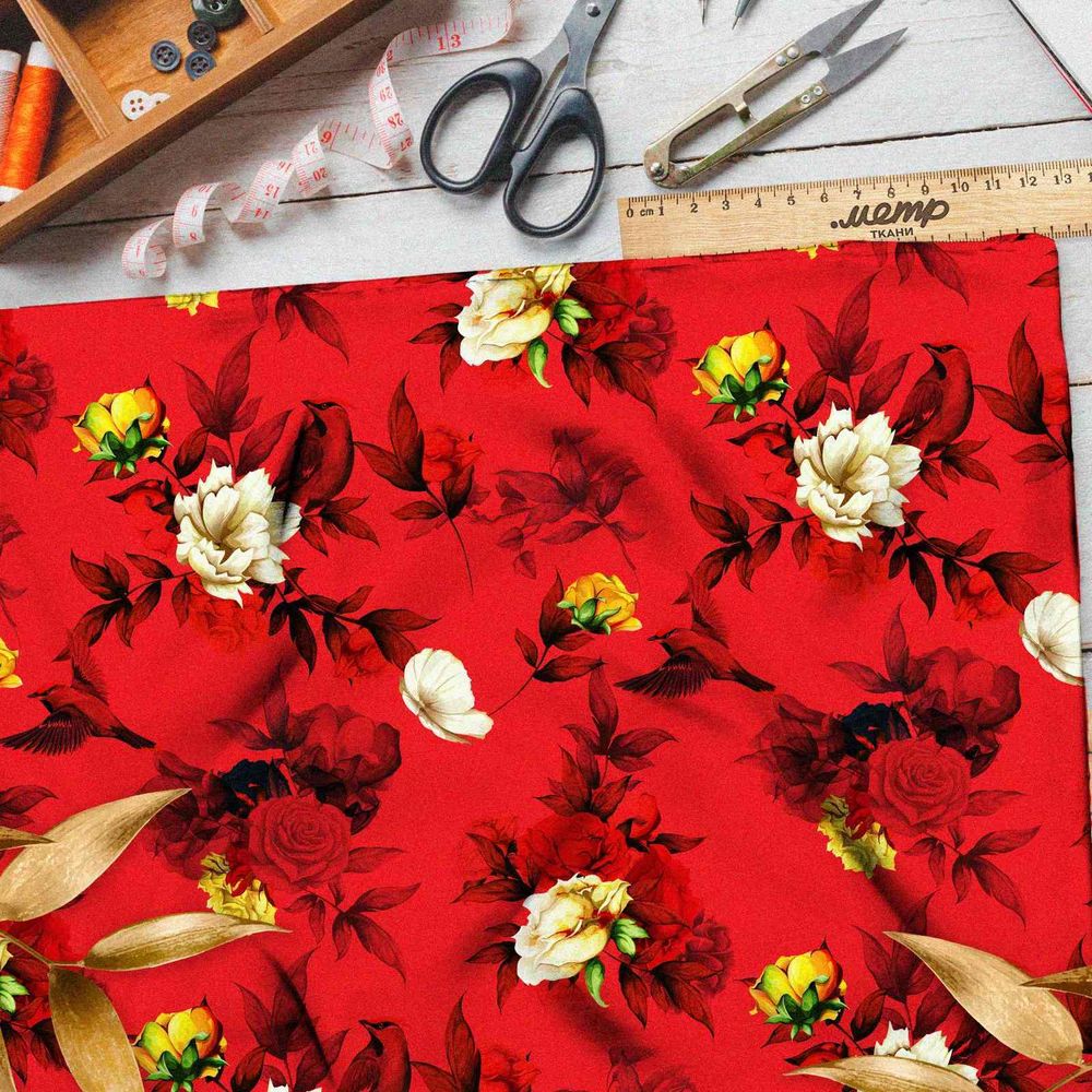 Ткань оксфорд 210 цветы на красном фоне