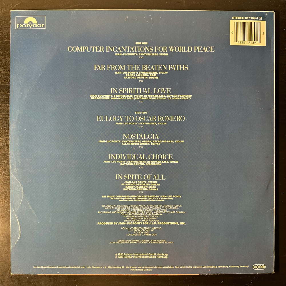 Jean-Luc Ponty ‎– Individual Choice (Германия 1983г.)