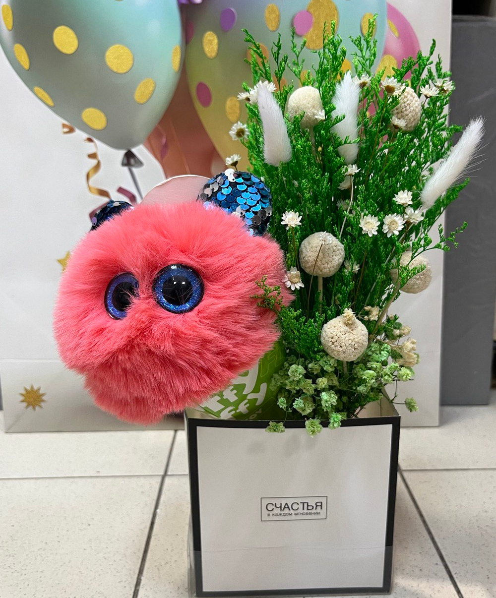 Комплект подарочный Мягкая игрушка Puffy fluffy+ваза с сухоцветами