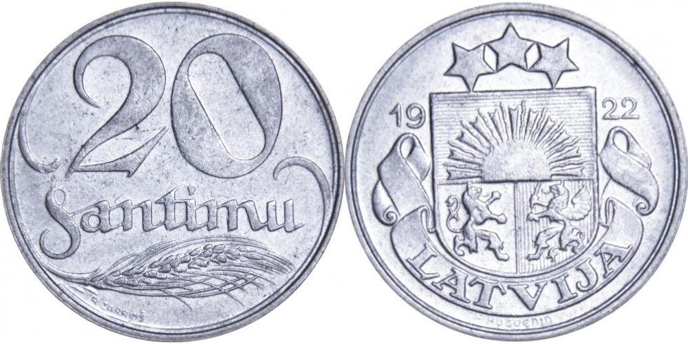 Латвия 20 сантимов, 1922 Герб XF