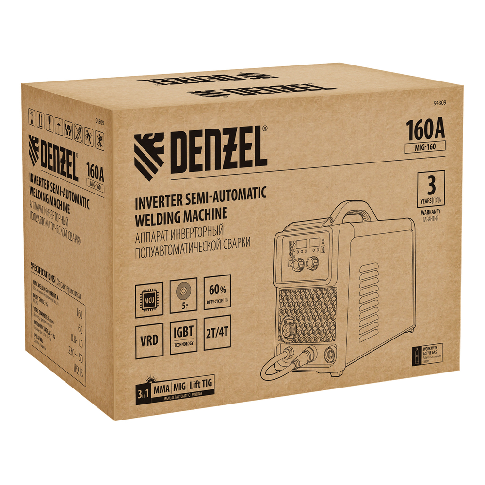 Аппарат инвертор. полуавтомат. сварки  MIG-160, 160 А, ПВ 60%, катушка 5 кг// Denzel
