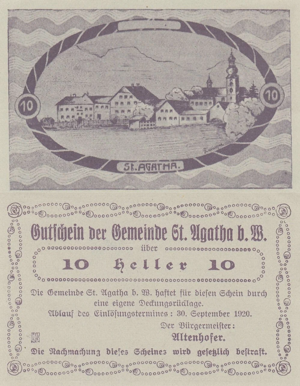 Австрия 10 геллеров 1920 Санкт-Агата aUNC