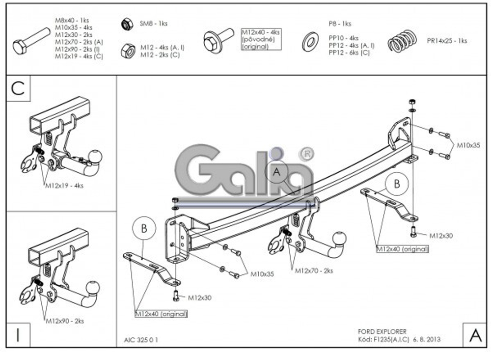 Фаркоп оцинкованный Galia F123C для Ford Explorer 2011-(паспорт и сертификат в комплекте)(без электрики)