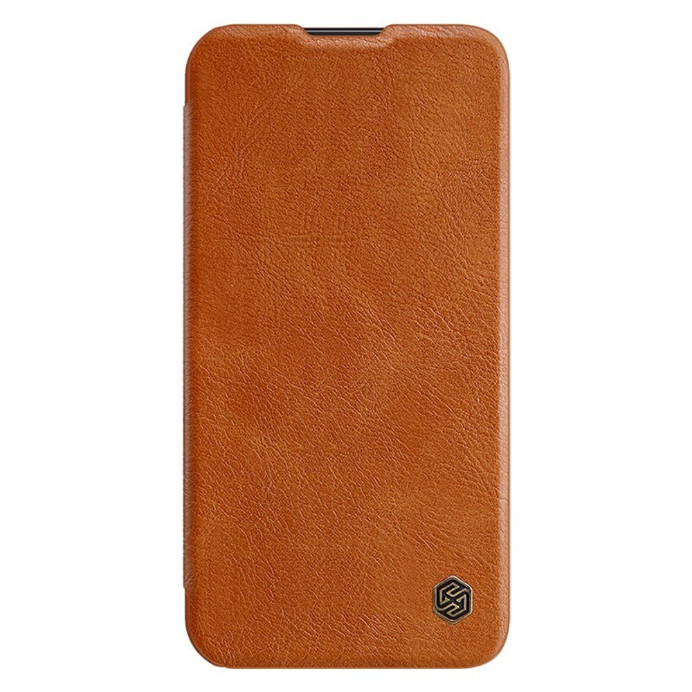 Кожаный чехол книжка коричневого цвета от Nillkin для Samsung Galaxy S23, серия Qin Pro Leather с защитной шторкой для камеры