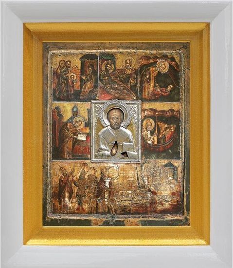 Купить Великорецкую икону Николаю Чудотворцу в белом киоте 14,5*16,5 см по низкой цене