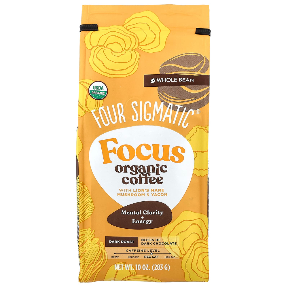 Four Sigmatic, Focus, органический кофе с грибом ежовиком гребенчатым и яконом, цельные зерна, темная обжарка, 283 г (10 унций)