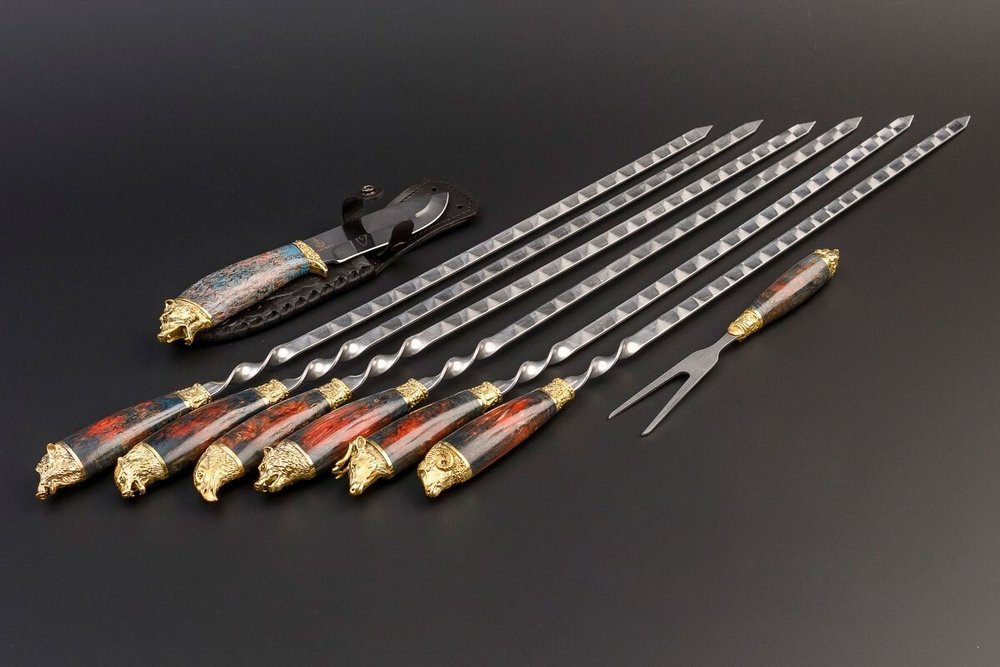 Подарочный набор шампуров "Премиальный №2", Карельская береза, чехол из натуральной кожи