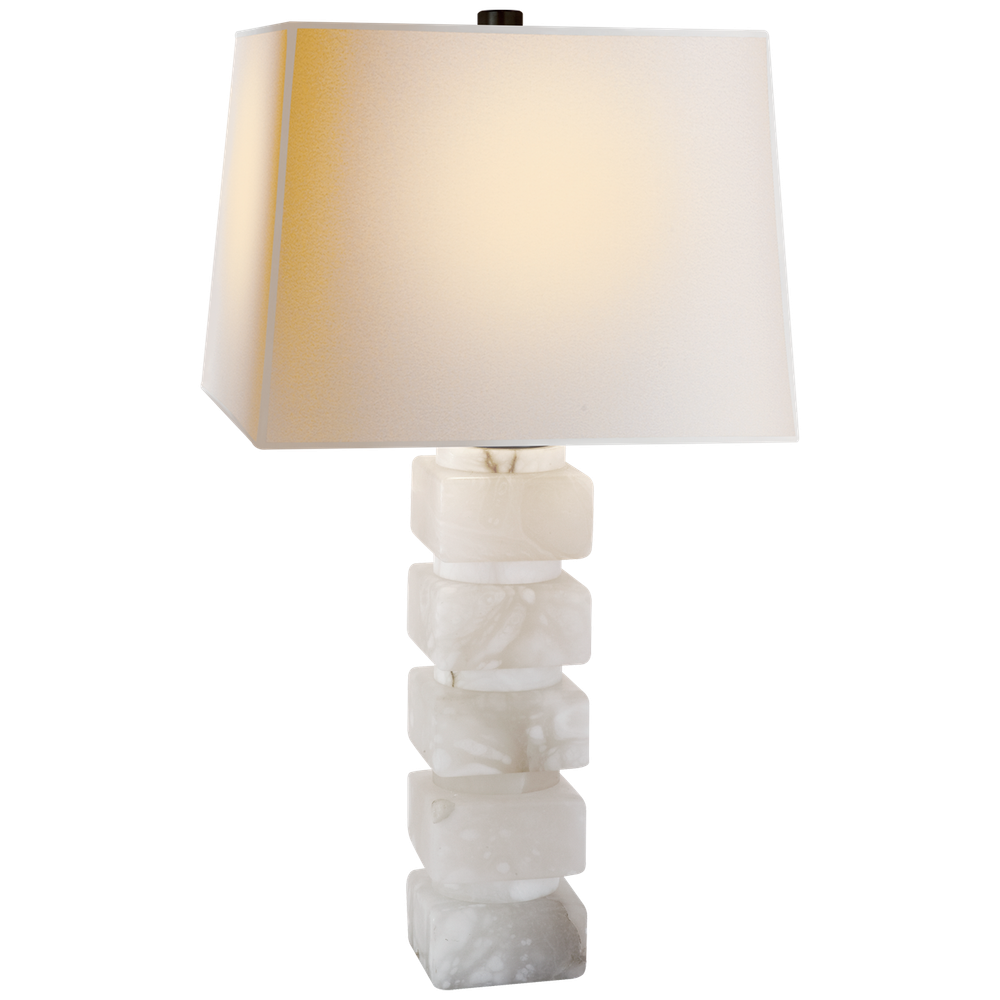 Square Chunky Stacked Table Lamp in Alabaster with Natural Paper Shade