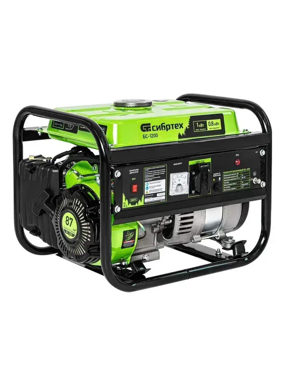 Генератор бензиновый СИБРТЕХ БС-1200, 1 кВт, 87 см3, 230 В, 5.5 л объем топливного бака, ручной стартер и блок AVR, 1 розетка, 94541