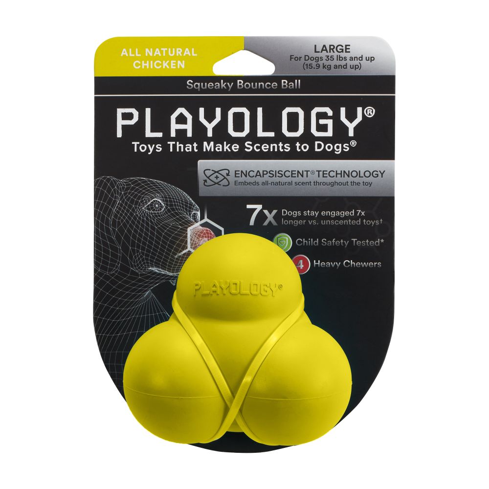 Жевательный тройной мяч Playology SQUEAKY BOUNCE BALL для собак средних и крупных пород с пищалкой и с ароматом курицы, цвет желтый Жевательный тройной мяч Playology SQUEAKY BOUNCE BALL для собак средних и крупных пород с пищалкой и с ароматом курицы, цвет желтый
