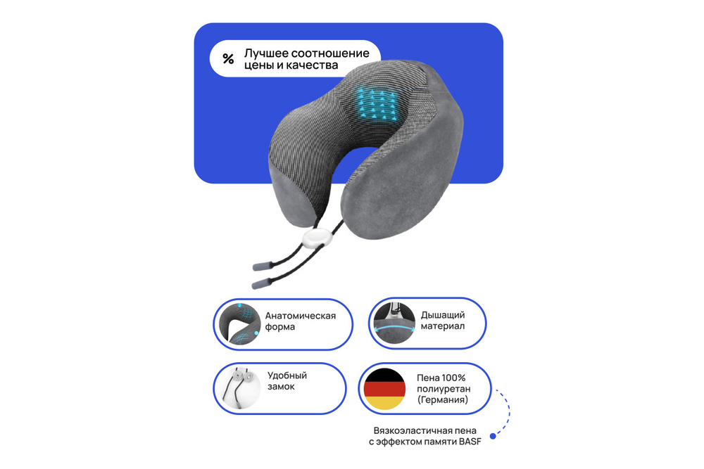 Подушка для путешествий RoadLike Travel Kit Pure с эффектом памяти, серый