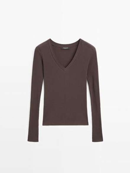 Massimo Dutti Футболка в рубчик с длинными рукавами, коричневый