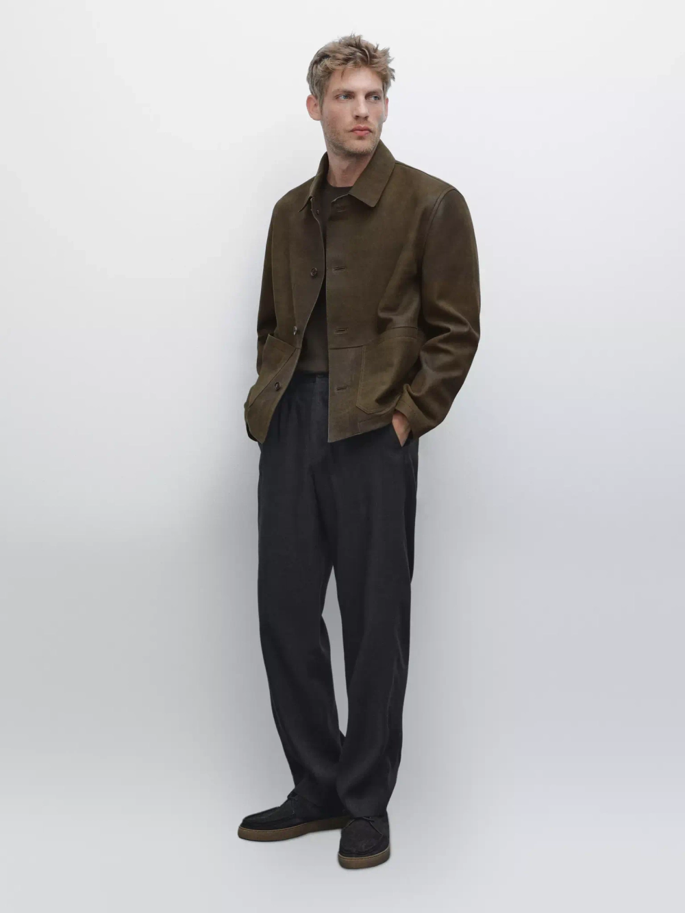 Massimo Dutti Куртка из 100% овечьей кожи с эффектом потертости, зеленый