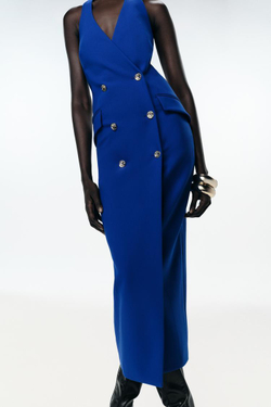 ZARA ПЛАТЬЕ МИДИ КРОЯ ТРУБА С ЗАПАХОМ, ЯРКО-СИНИЙ