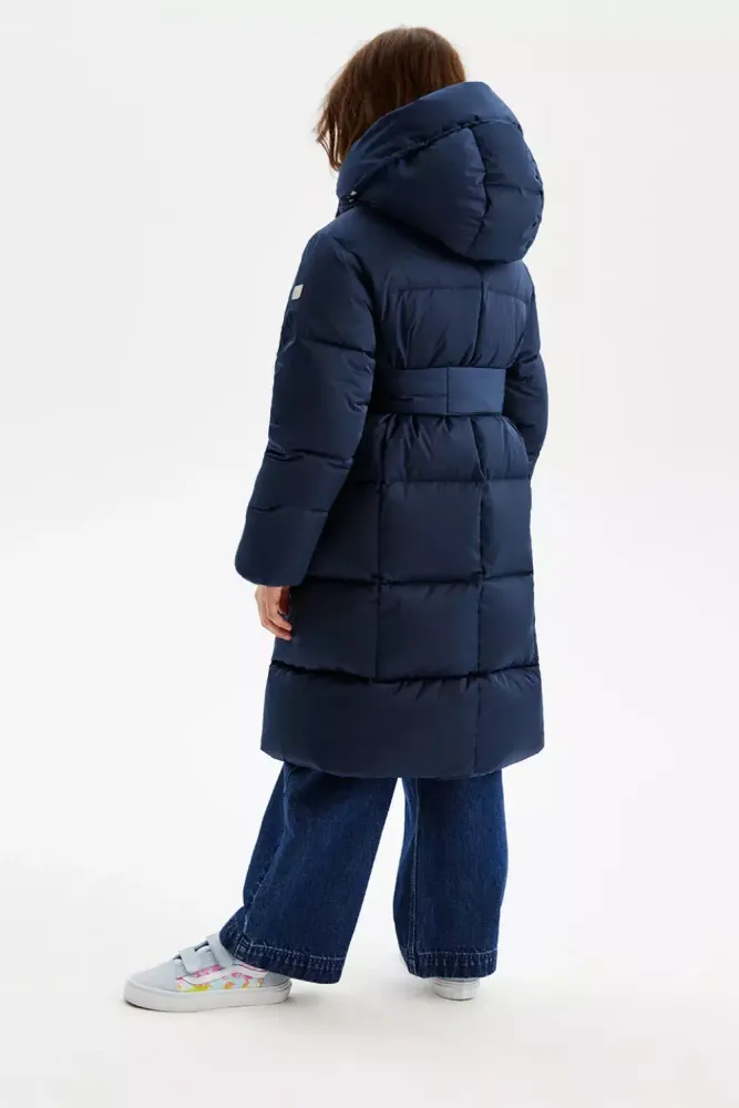 Темно-синее пальто с капюшоном для девочки PULKA
