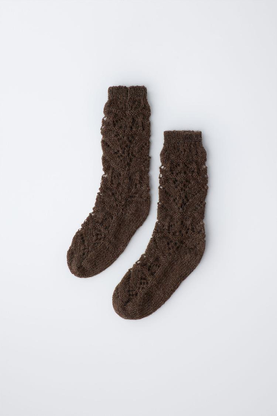 ZARA НОСКИ КРУПНОЙ ВЯЗКИ ИЗ ШЕРСТИ И АЛЬПАКИ, КОРИЧНЕВЫЙ