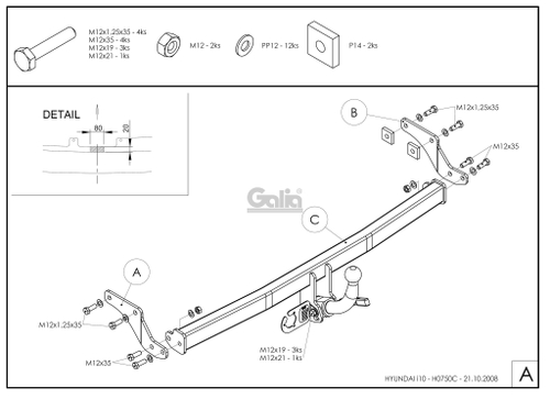 Оцинкованный фаркоп на Hyundai i10 2008-2013 (без электрики), Galia H075C