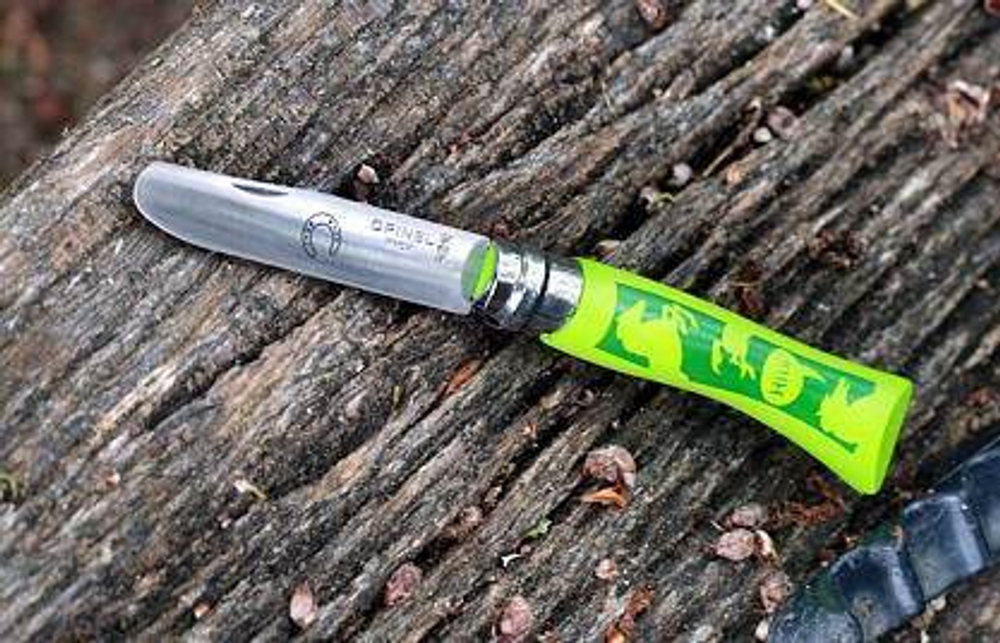 Нож My First Opinel 07 inox, закругленное лезвие, зеленый с рисунком