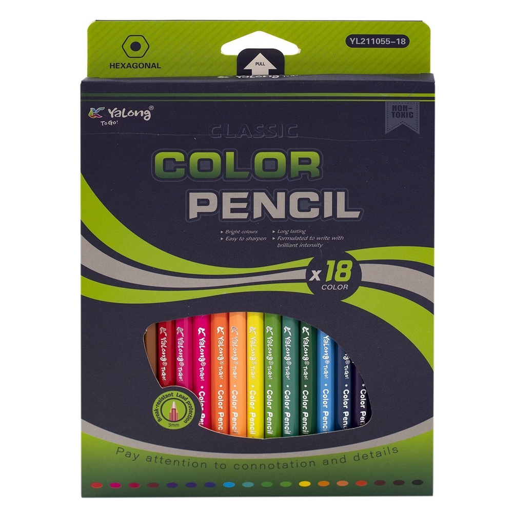Карандаши цветные Yalong 18 цв., "Classic" деревянные, шестигранные, заточенные, грифель 3.0 мм, картон. уп, европодвес