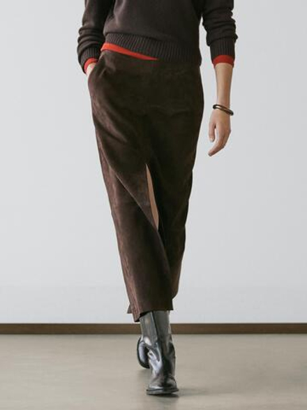 Massimo Dutti Прямая юбка миди из нубуковой кожи, коричневый