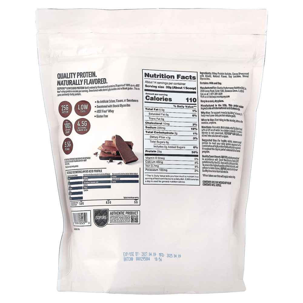 Isopure, низкоуглеводный протеин, шоколадный вкус, 454 г (1 фунт)