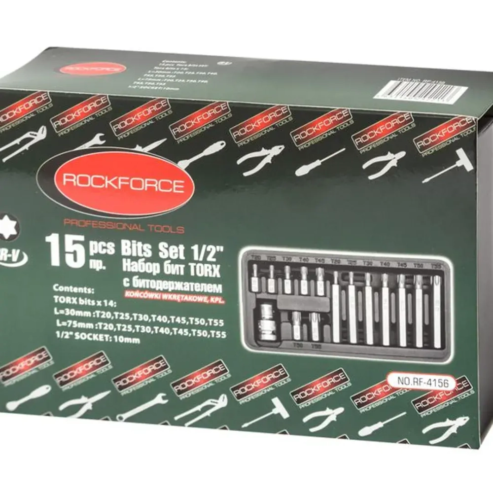 Набор бит TORX с битодержателем,15пр. 1/2''(L: 30/75мм, Т20,Т25,Т30,Т40,Т45,Т50,Т55) RockForce##Rock FORCE RF-4156(C)