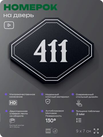 Номерок на дверь квартиры 411, для кабинета, офиса, шильдик 9 х 7 см, черный, Айдентика Технолоджи