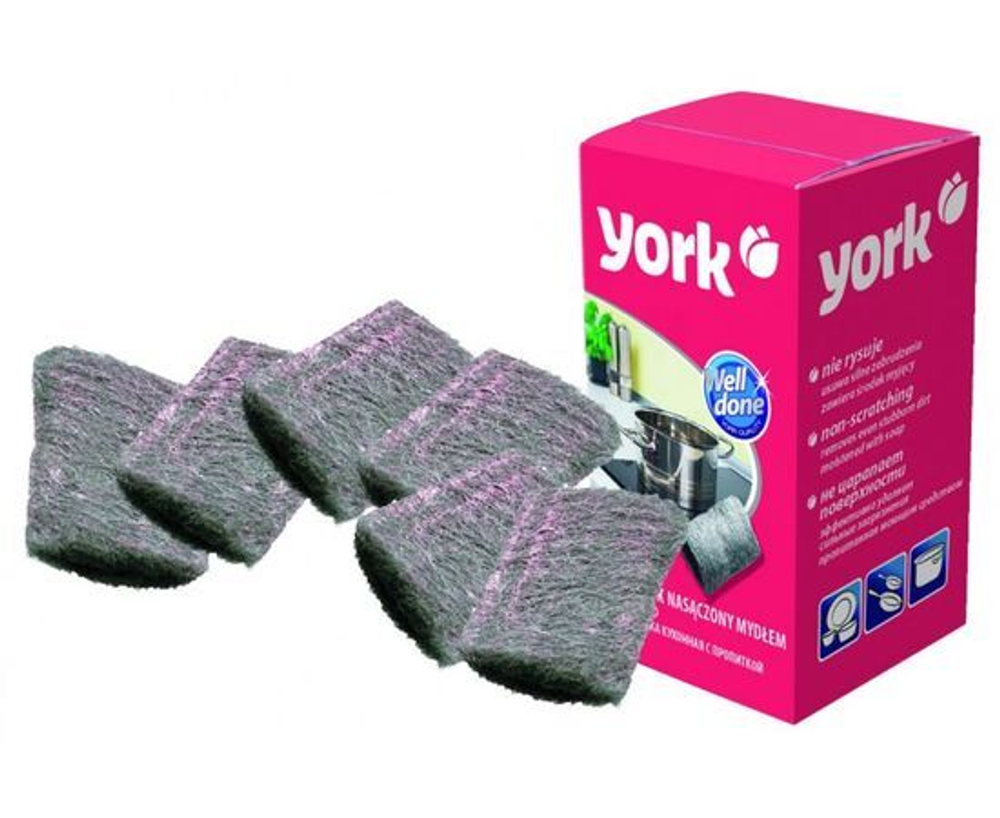 Губка York для мытья посуды металлическая с пропиткой, мочалка кухонная, 6 шт.