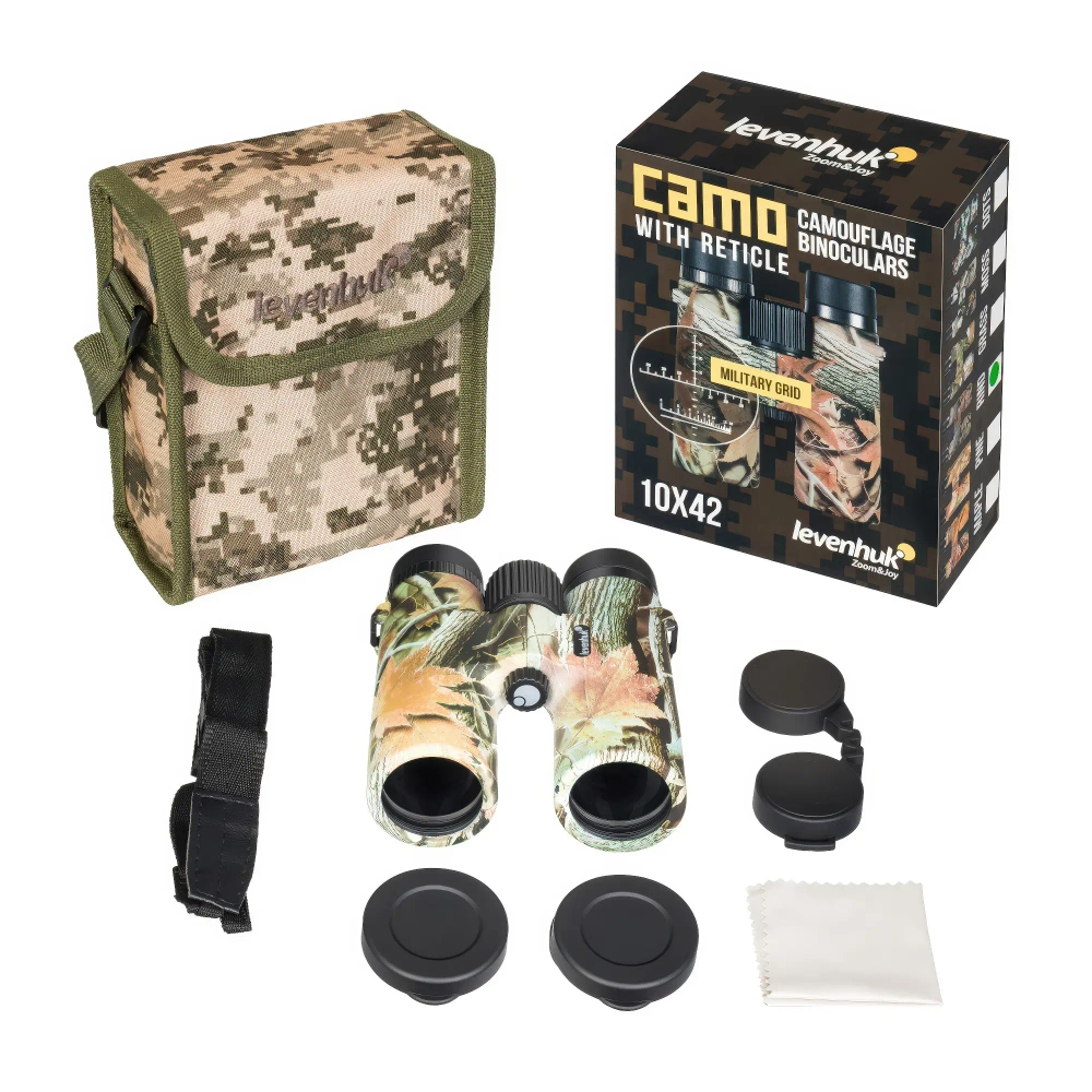 Бинокль Levenhuk Camo Rind 10x42 с сеткой - комплект с коробкой и аксессуарами