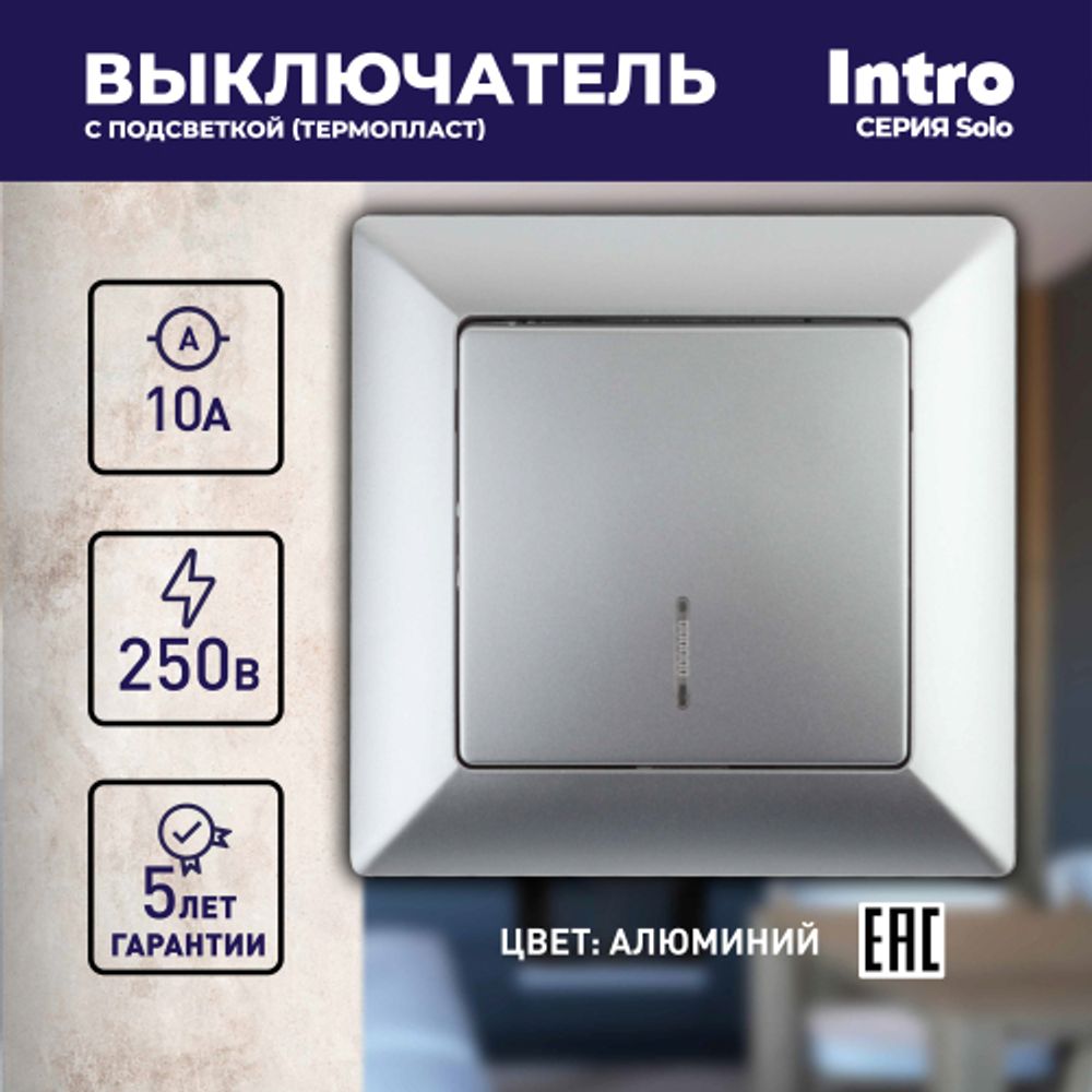 Выключатель Intro Solo 4-102-03 одноклавишный с подсветкой, 10А-250В, IP20, СУ, алюминий