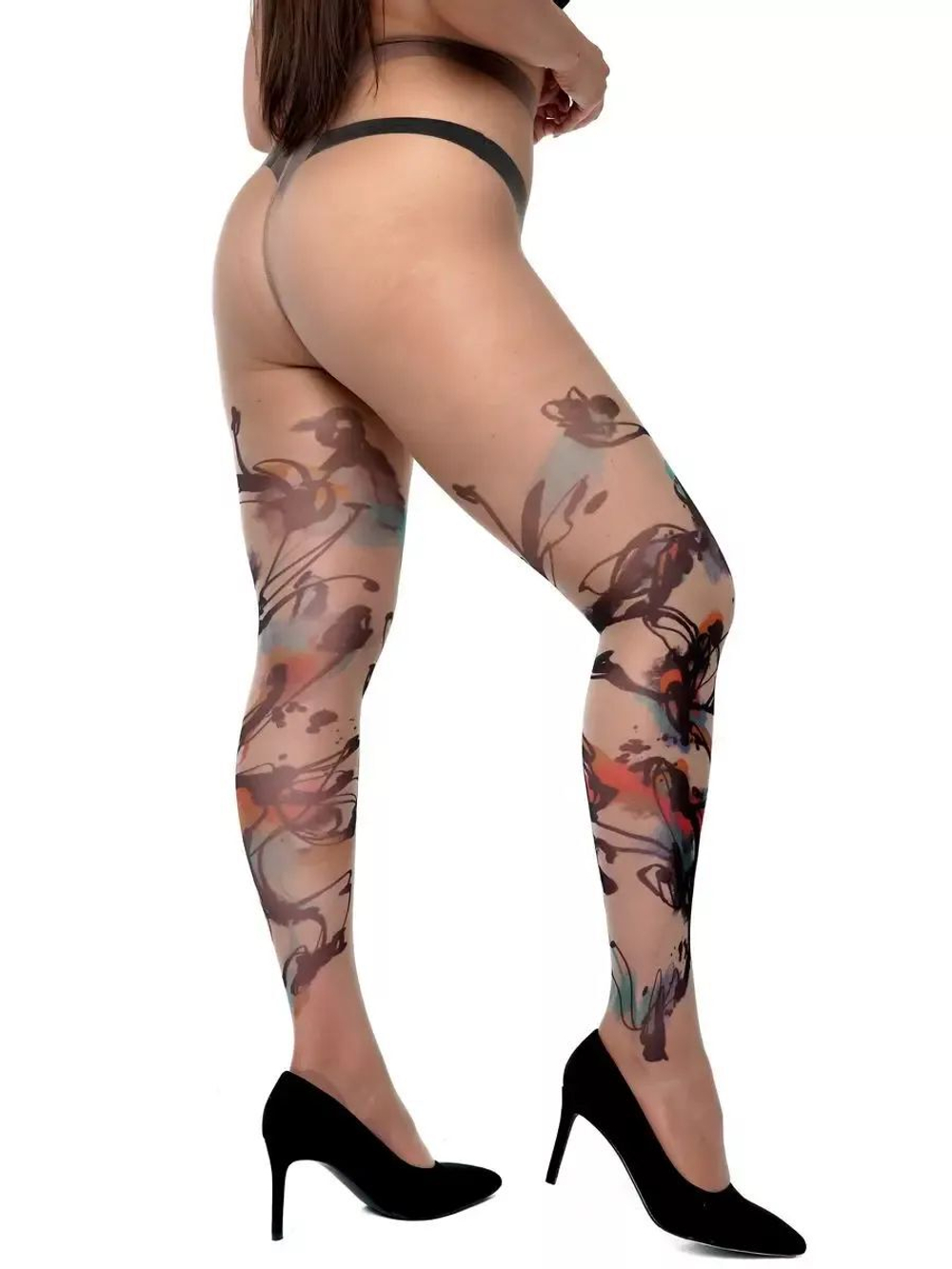 Колготки +size с принтом в виде рисунка акварелью (Размер: XL-XXL-XXXL) (Цвет: бежевый)