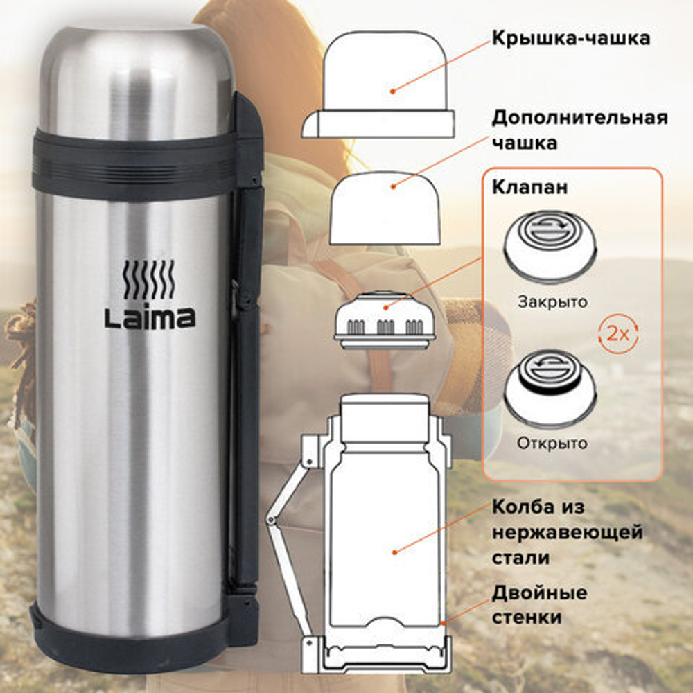 Термос LAIMA классический с узким горлом, 1,8 л, нержавеющая сталь, пластиковая ручка