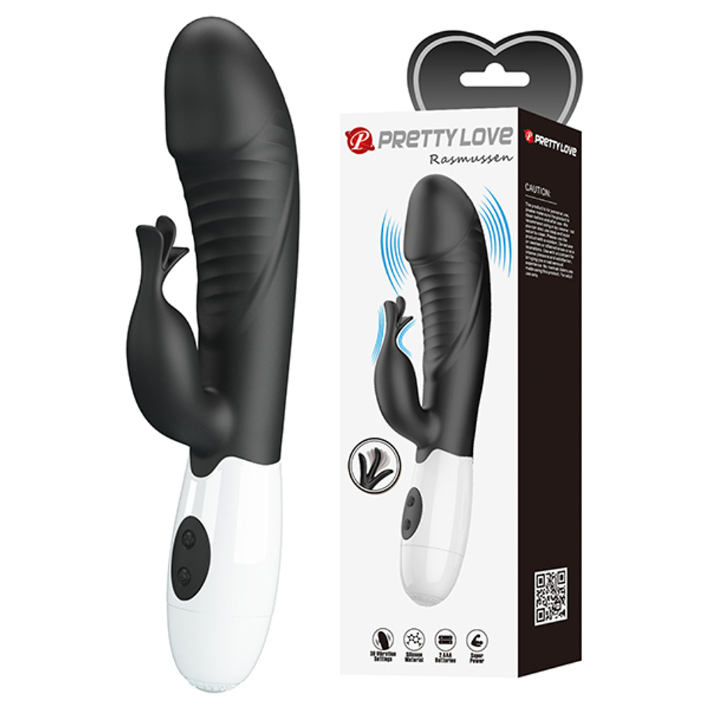 Черный вибратор-кролик 19,8см со стимулятором клитора Pretty Love Rasmussen Bunny Vibrator Black BW-500072-A3