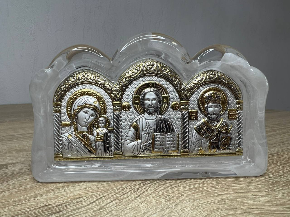 Спаситель, Казанская БМ, Николай Чудотворец, триптих, муранское стекло 78х125