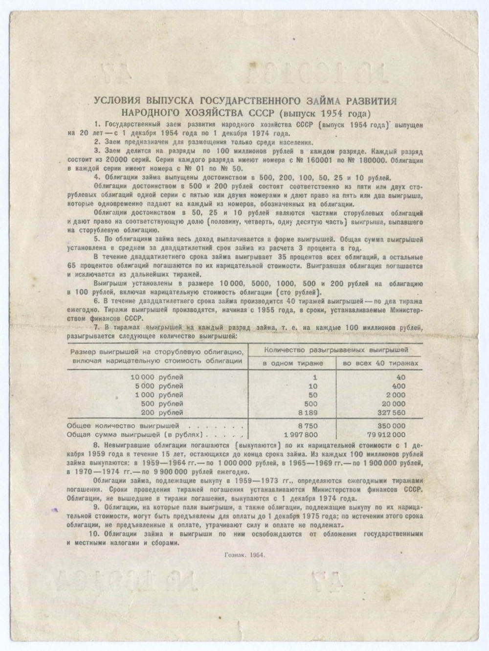 Облигация 25 рублей 1954 год. Серия № 169164. F-VF (надрыв)