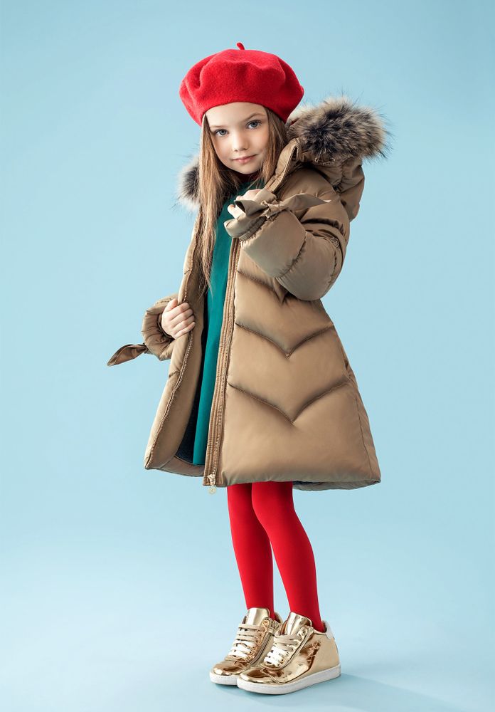 Бронзовое пальто на зиму PULKA с меховой отделкой