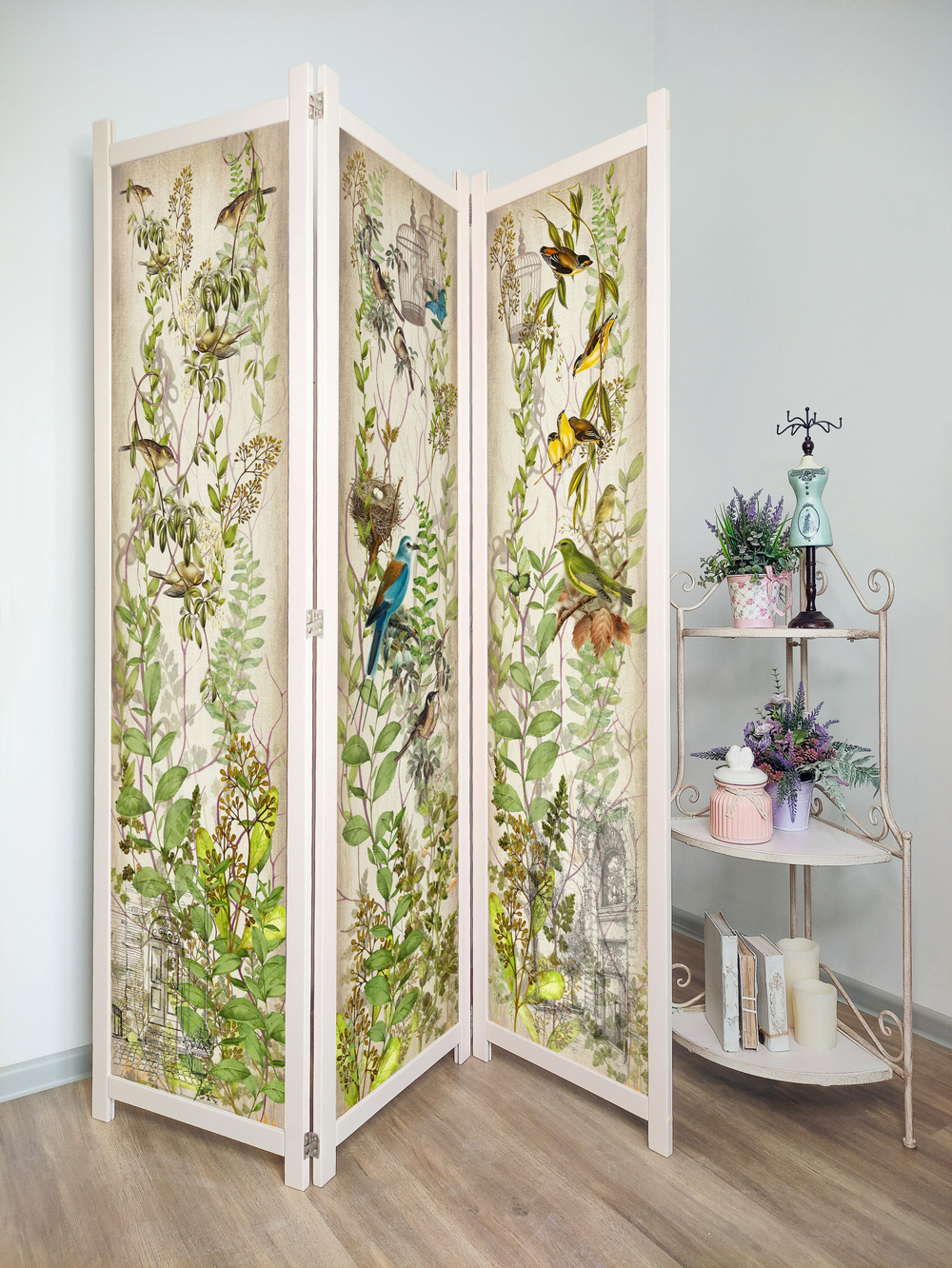 Ширма - перегородка для зонирования пространства деревянная с картинкой с обеих сторон "Райские птички", 3 створки, 480*1800 мм