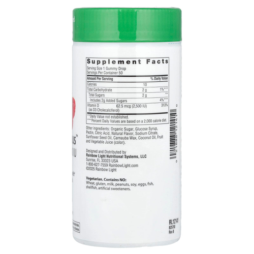 Rainbow Light, Berry D-Licious ™, витамин D3, сочная малина, 62,5 мкг (2500 МЕ), 50 жевательных таблеток