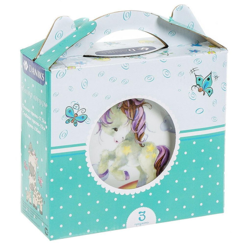 Набор посуды керам, 3 шт, Единорог и радуга, тар 17.5см,сал 15см,круж 230мл, Daniks, C654