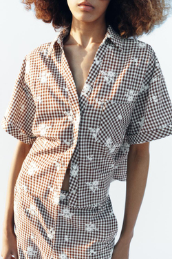 ZARA РУБАШКА В КЛЕТКУ С ВЫШИВКОЙ, КОРИЧНЕВЫЙ/ЭКРЮ