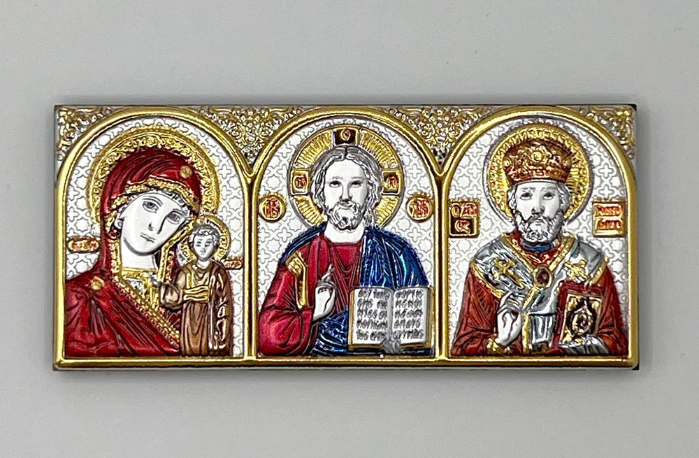 Спаситель, Казанская БМ, Николай Чудотворец, триптих, эмаль, 34х77